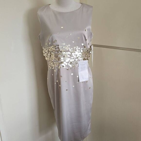Chancelle champagne sheath dress with paillette embellishment at waist, NWT, Sz. - Picture 2 of 10